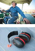 photos of farmer on a tractor  wearing ear muffs and ear plugs/ear muffs