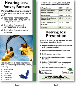 Handout explaining why hearing loss is a problem for farmers and some noises on the farm are loud enough to cause hearing loss (front). (Back) Chart showing noise levels of a variety of farm equipment and environments, and how long it is safe to be in or near them without hearing protection. Below the chart is a list of tips that can help prevent hearing loss.