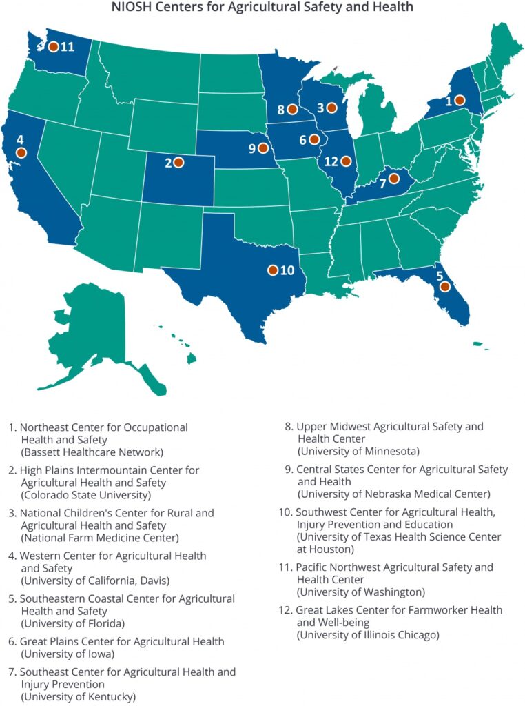 Map of where the NIOSH AgFF Centers are located, with the list below identifying the names of each.