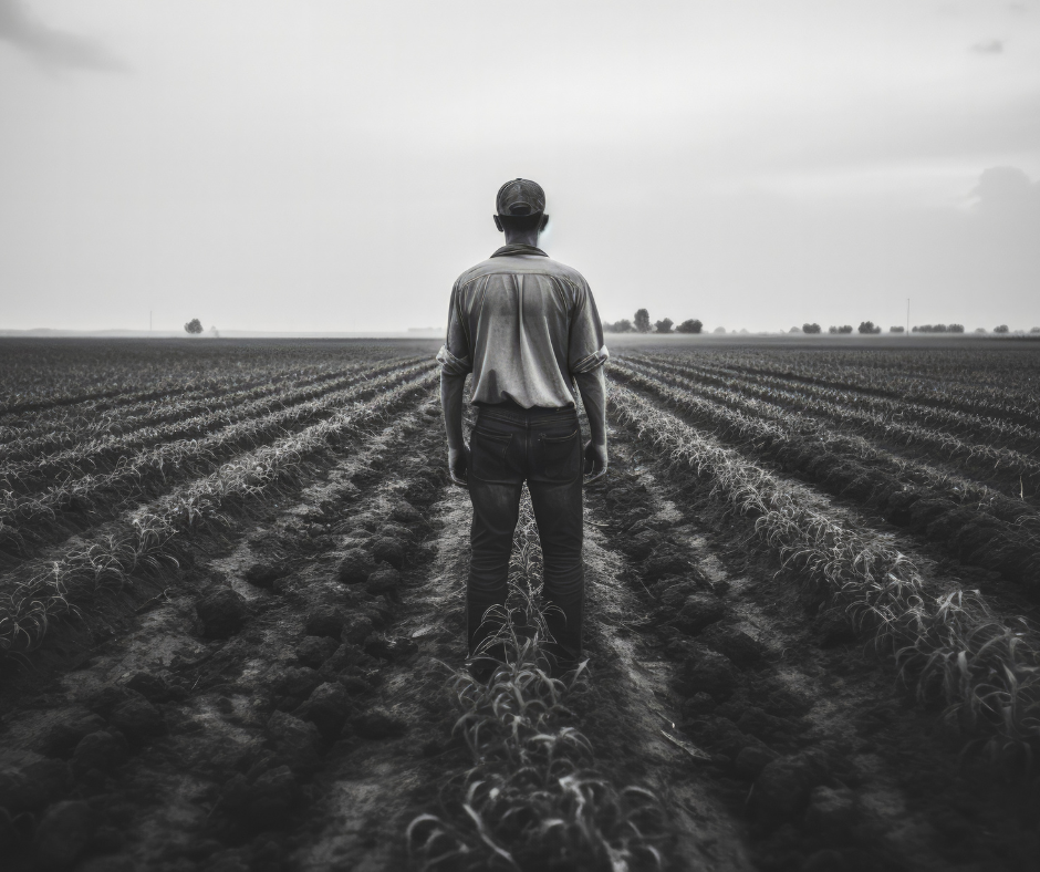 Black and white photo of a farmer facing his corn field.